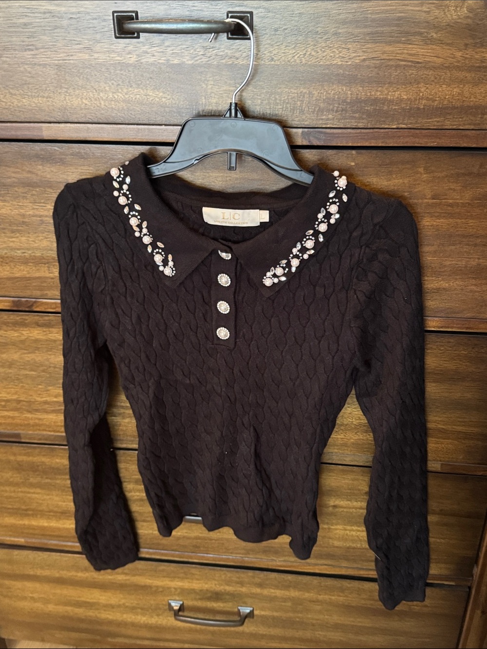 Embellished-Collar Black Cable Knit Polo Sweater - L.C.